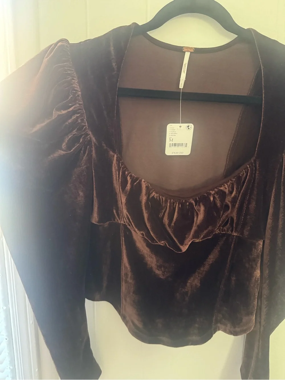 Free People Velvet Puff-Sleeve Square Neck Top in Brown